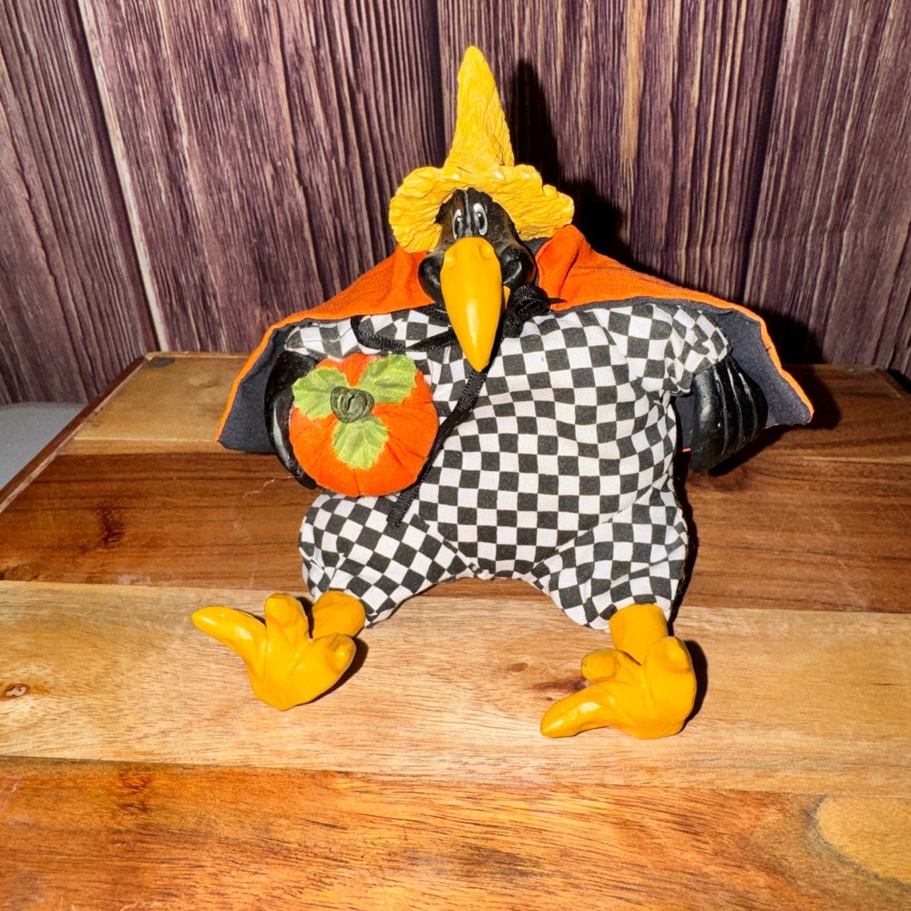 Russ Berrie Kathleen Kelly Crow Figurine Black Checkered Halloween 6" Pumpkin